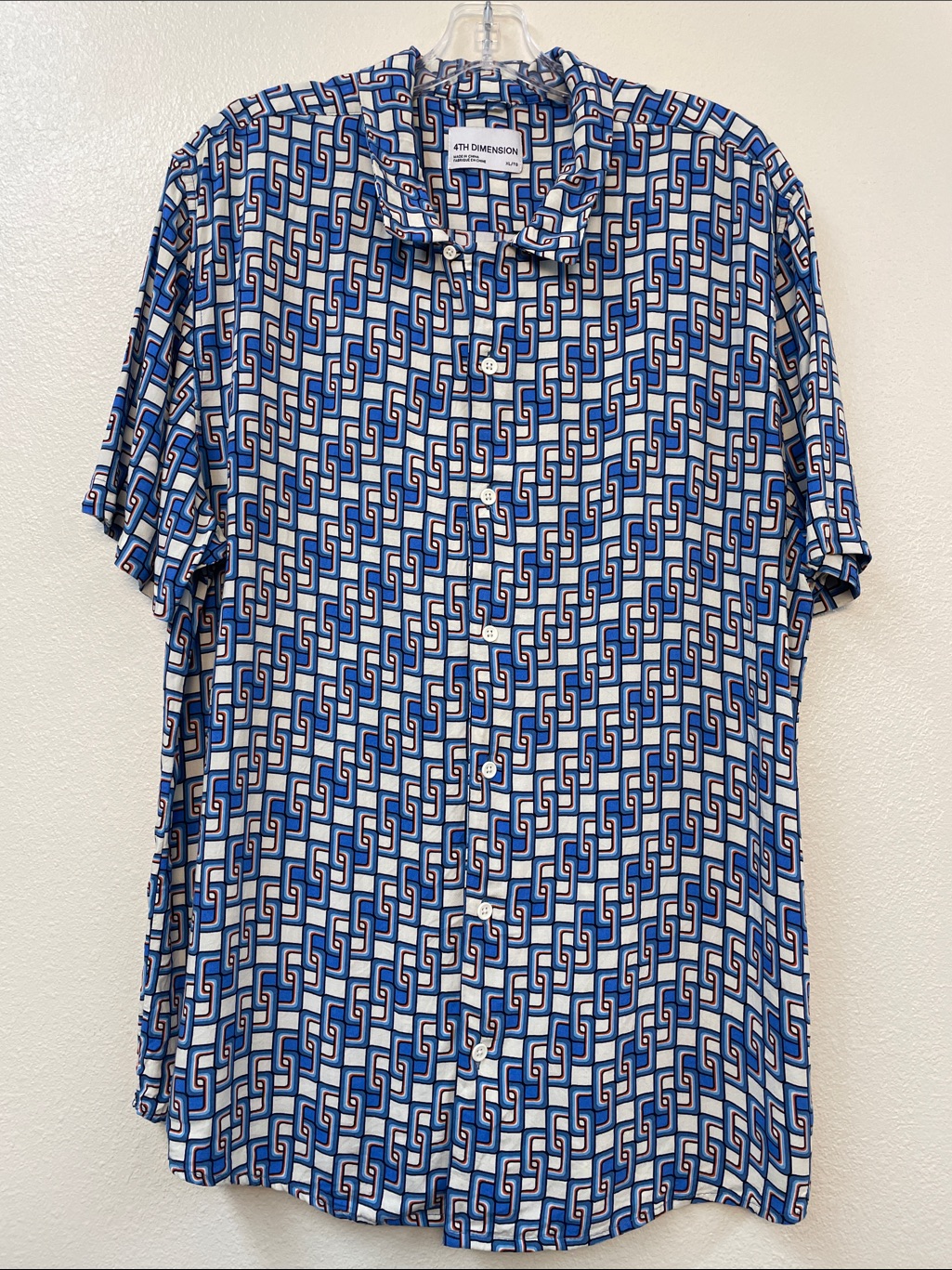 Bold Blue Geometric Mod Print Psychedelic Short-Sleeve Button Up Shirt Mens Xl